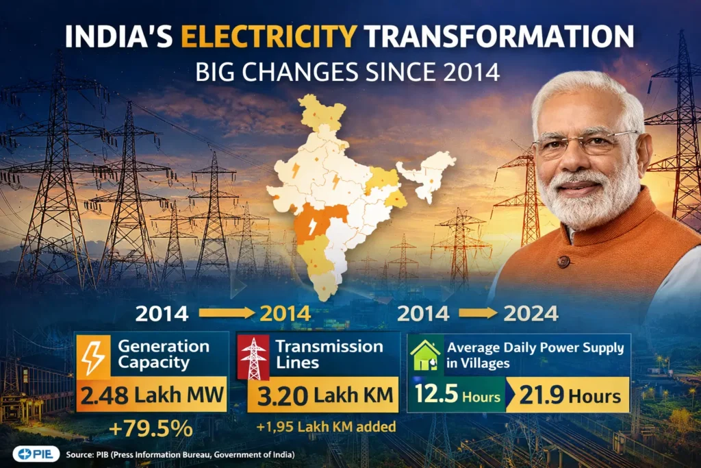 भारत में 2014 के बाद बिजली उत्पादन क्षमता और पावर ग्रिड में सुधार को दिखाता हुआ इंफोग्राफिक